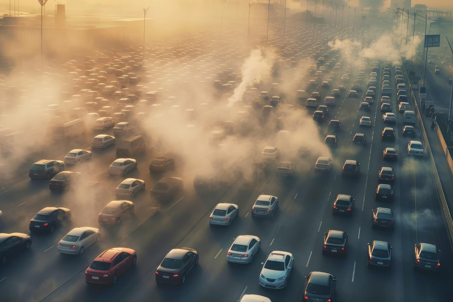 Heavy car traffic on a highway with exhaust gases hovering above.