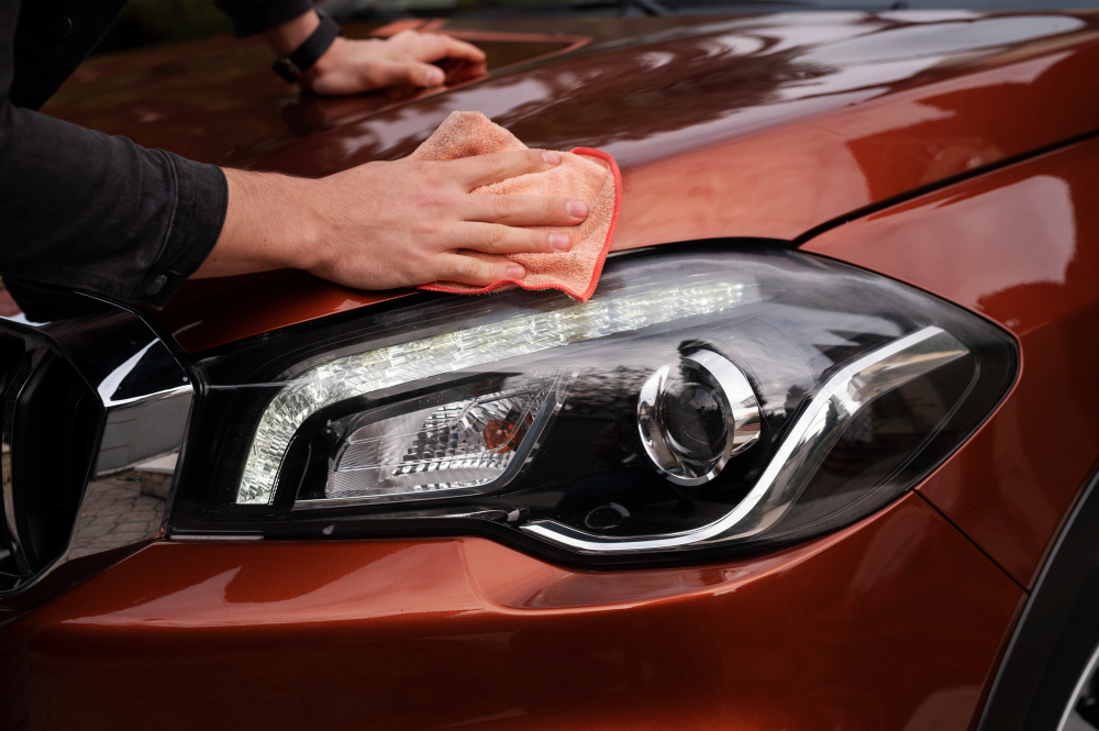 A man's hand cleaning a red car's headlight with a cloth.