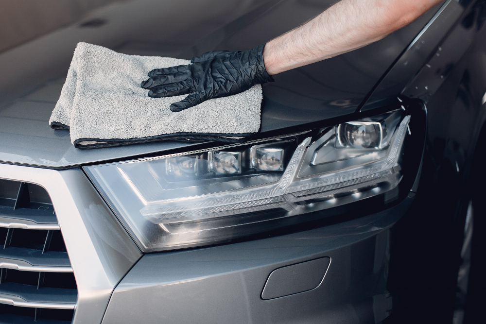 A black-gloved hand polishing a silver car near headlight.